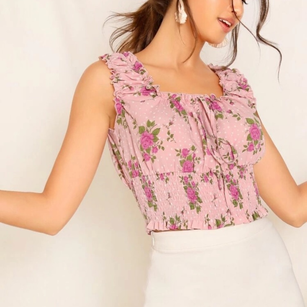 Flower Floral Puff Short Sleeves Ruffled Off Shoulder Crop Top